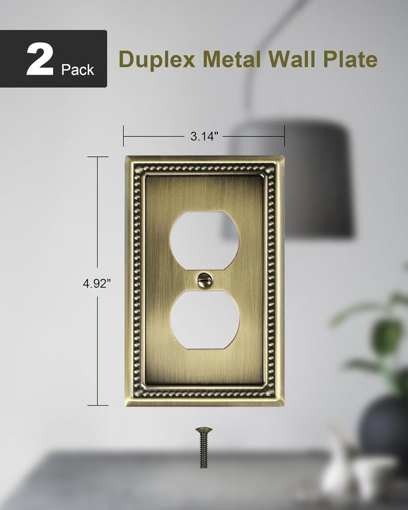 treewell 2-Pack Duplex Outlet Cover Plate, Antique Brass Metal Wall Plates for Electrical Outlets, 1 Gang Receptacle Cover, Pearls Decorative Switch Plates and Outlet Covers - Image 2